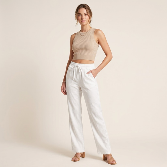 Wide Leg Linen Pants for Women — Elastic Waist Summer Trousers