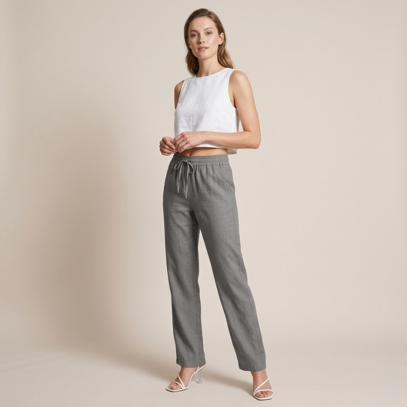 Wide Leg Linen Pants for Women — Elastic Waist Summer Trousers