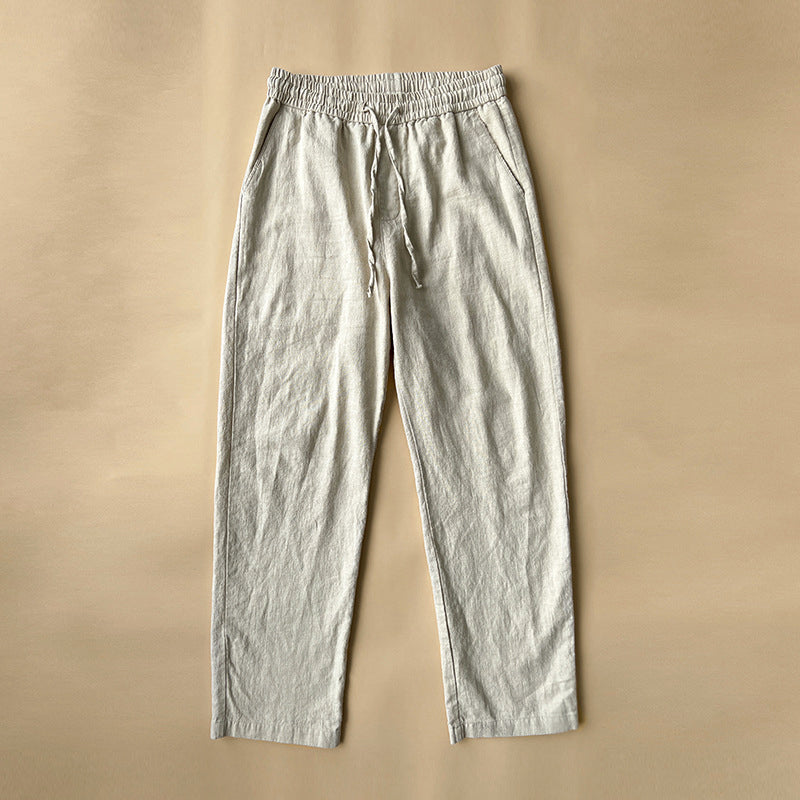 Men's Woven Straight Leg Trousers — Elastic Drawstring Waist, Casual Summer Pants
