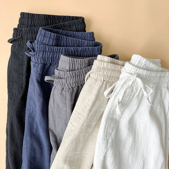 Men's Woven Straight Leg Trousers — Elastic Drawstring Waist, Casual Summer Pants