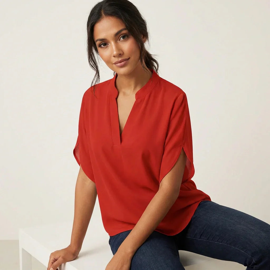 Women's V-Neck Summer Blouse — Lightweight Short Sleeve Casual Top