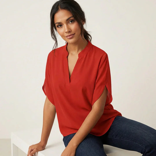 Women's V-Neck Summer Blouse — Lightweight Short Sleeve Casual Top