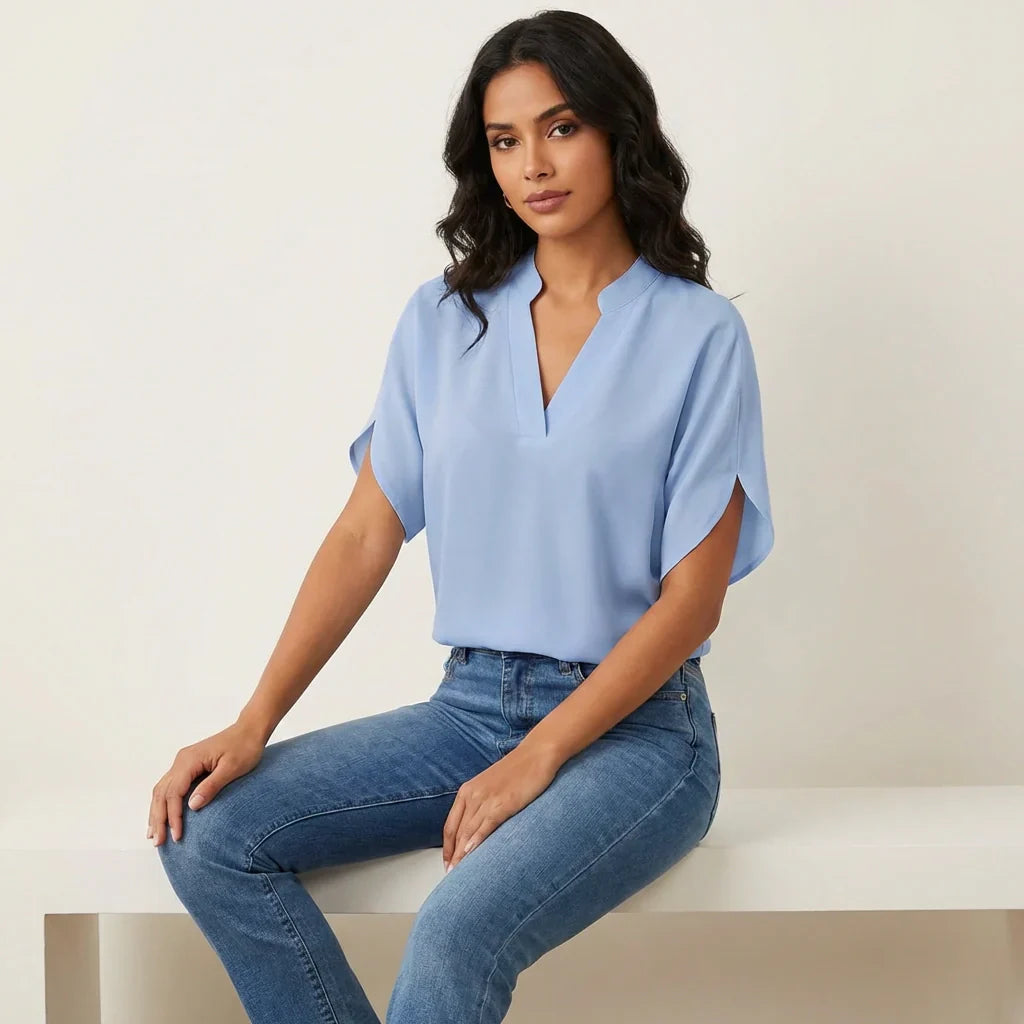 Women's V-Neck Summer Blouse — Lightweight Short Sleeve Casual Top