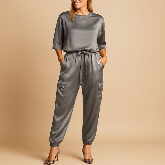 Women’s Satin Top & Straight-Leg Trouser Set – Elegant & Fluid for Everyday Wear