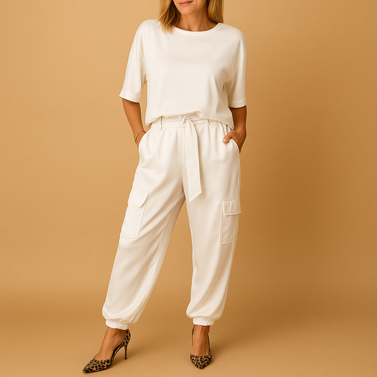 Women’s Satin Top & Straight-Leg Trouser Set – Elegant & Fluid for Everyday Wear