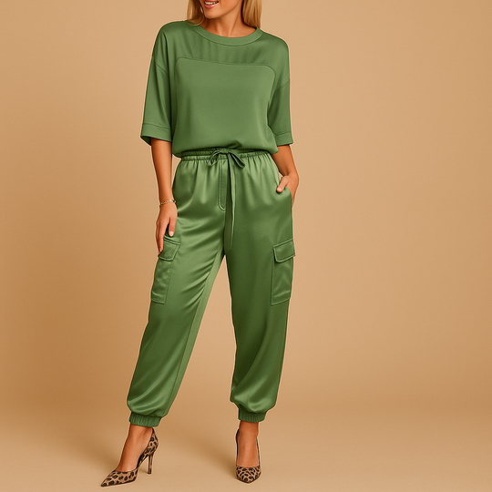 Women’s Satin Top & Straight-Leg Trouser Set – Elegant & Fluid for Everyday Wear