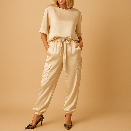 Women’s Satin Top & Straight-Leg Trouser Set – Elegant & Fluid for Everyday Wear
