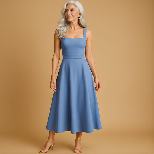 Women’s Midi Dress with Square Neckline & Waist Tie – Elegant & Comfortable for Everyday Wear
