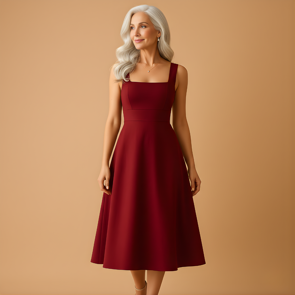 Women’s Midi Dress with Square Neckline & Waist Tie – Elegant & Comfortable for Everyday Wear