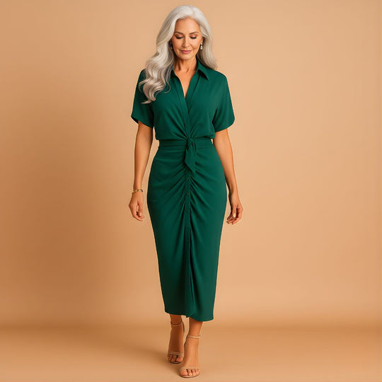 Women’s Elegant Ankle-Length Dress with Draped V-Neck – Refined Style for Formal Occasions