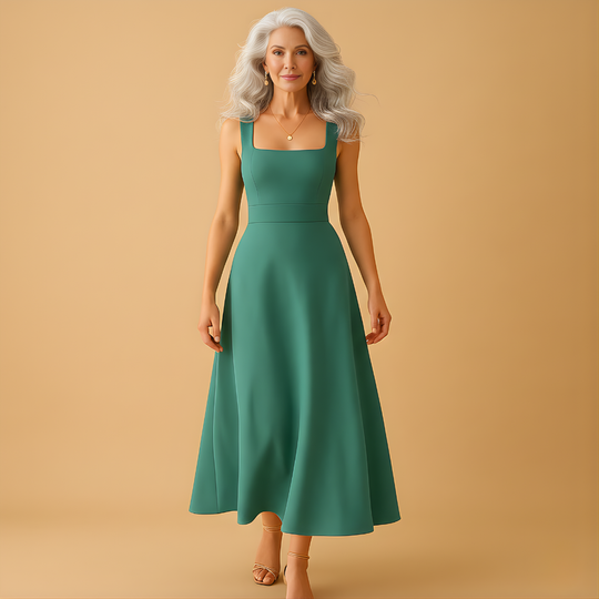 Women’s Midi Dress with Square Neckline & Waist Tie – Elegant & Comfortable for Everyday Wear