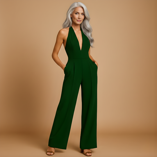 Women’s Sleeveless Wide-Leg Jumpsuit – Deep V-Neck for Evening Wear