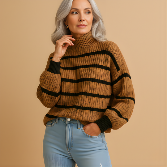 Women’s Striped High Neck Knit Sweater – Relaxed Fit for Cooler Days