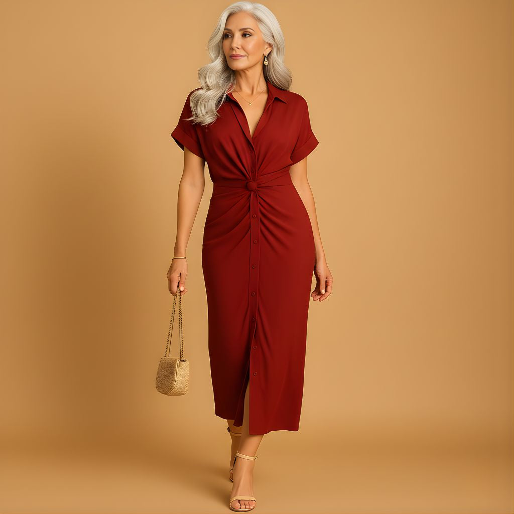 Women’s Elegant Ankle-Length Dress with Draped V-Neck – Refined Style for Formal Occasions