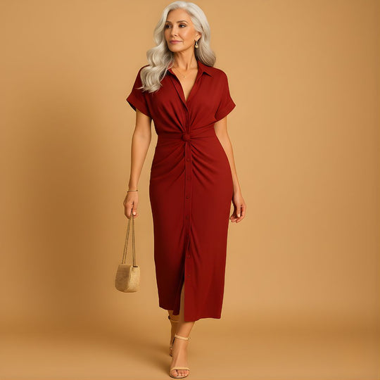 Women’s Elegant Ankle-Length Dress with Draped V-Neck – Refined Style for Formal Occasions