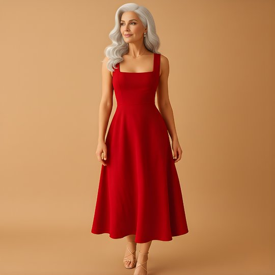 Women’s Midi Dress with Square Neckline & Waist Tie – Elegant & Comfortable for Everyday Wear