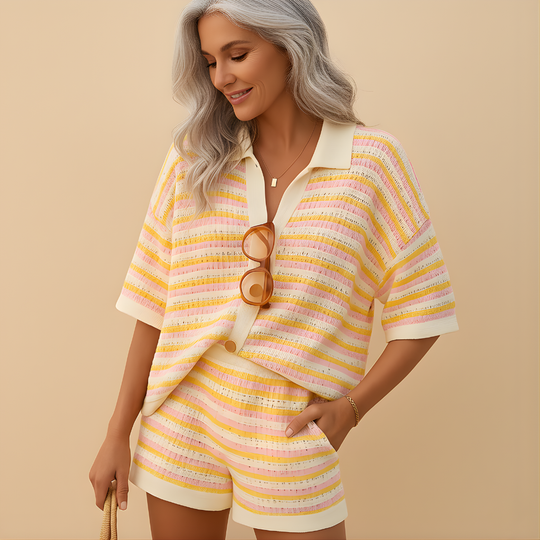 Women’s Striped Blouse & High-Waist Shorts Set – Lightweight & Versatile for Summer