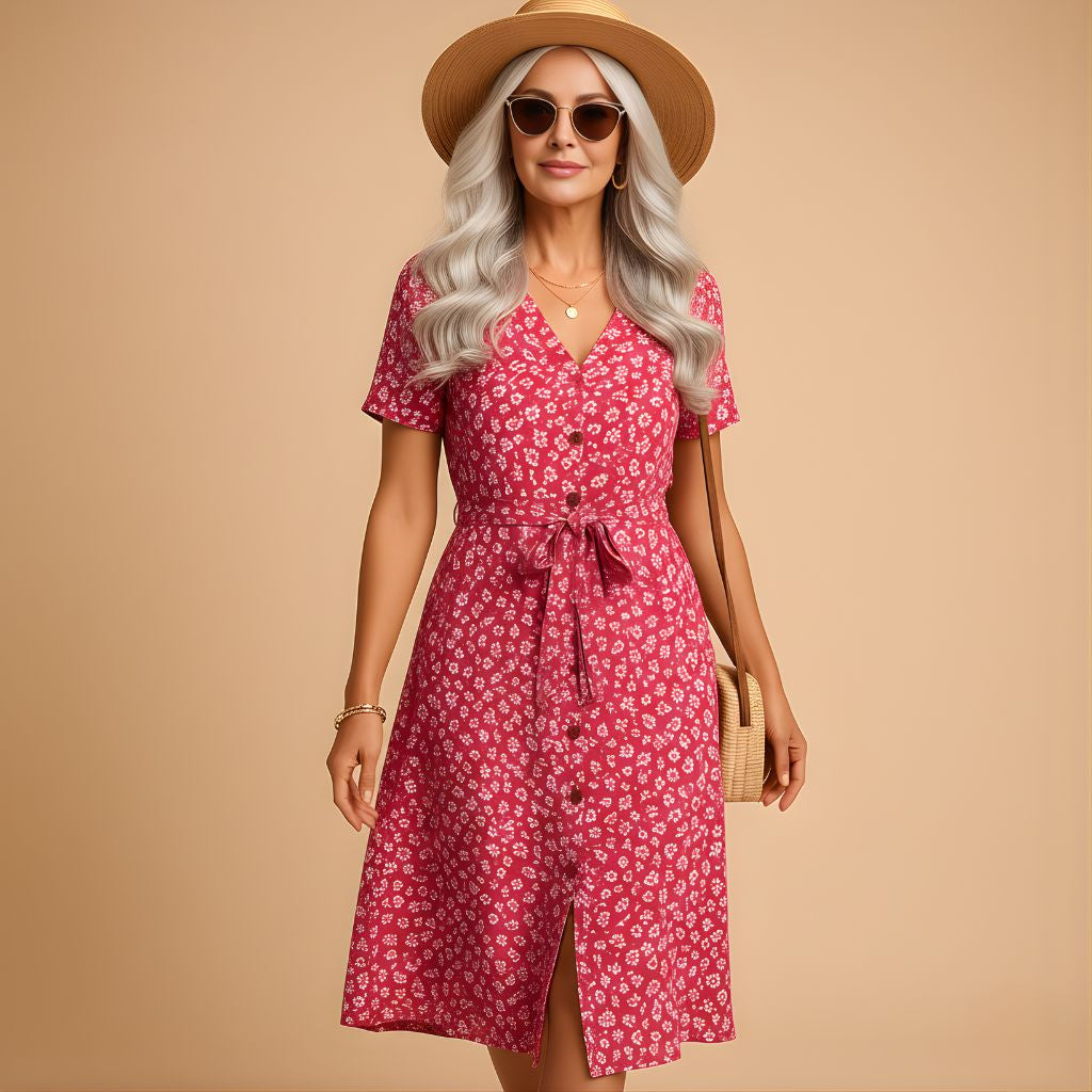 Women’s Floral Midi Dress with Short Sleeves – Lightweight & Comfortable for Summer Wear