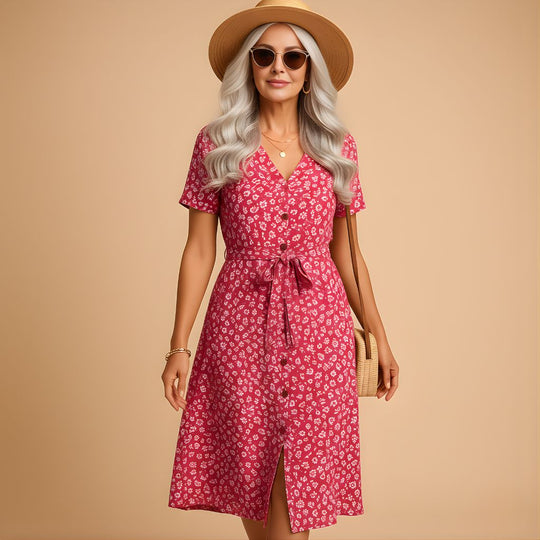 Women’s Floral Midi Dress with Short Sleeves – Lightweight & Comfortable for Summer Wear