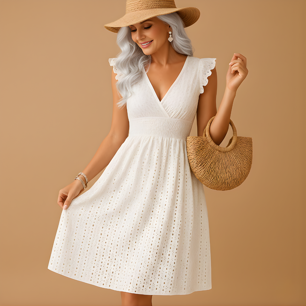 Women’s White Midi Summer Dress with Ruffle Detail – Lightweight & Feminine Style