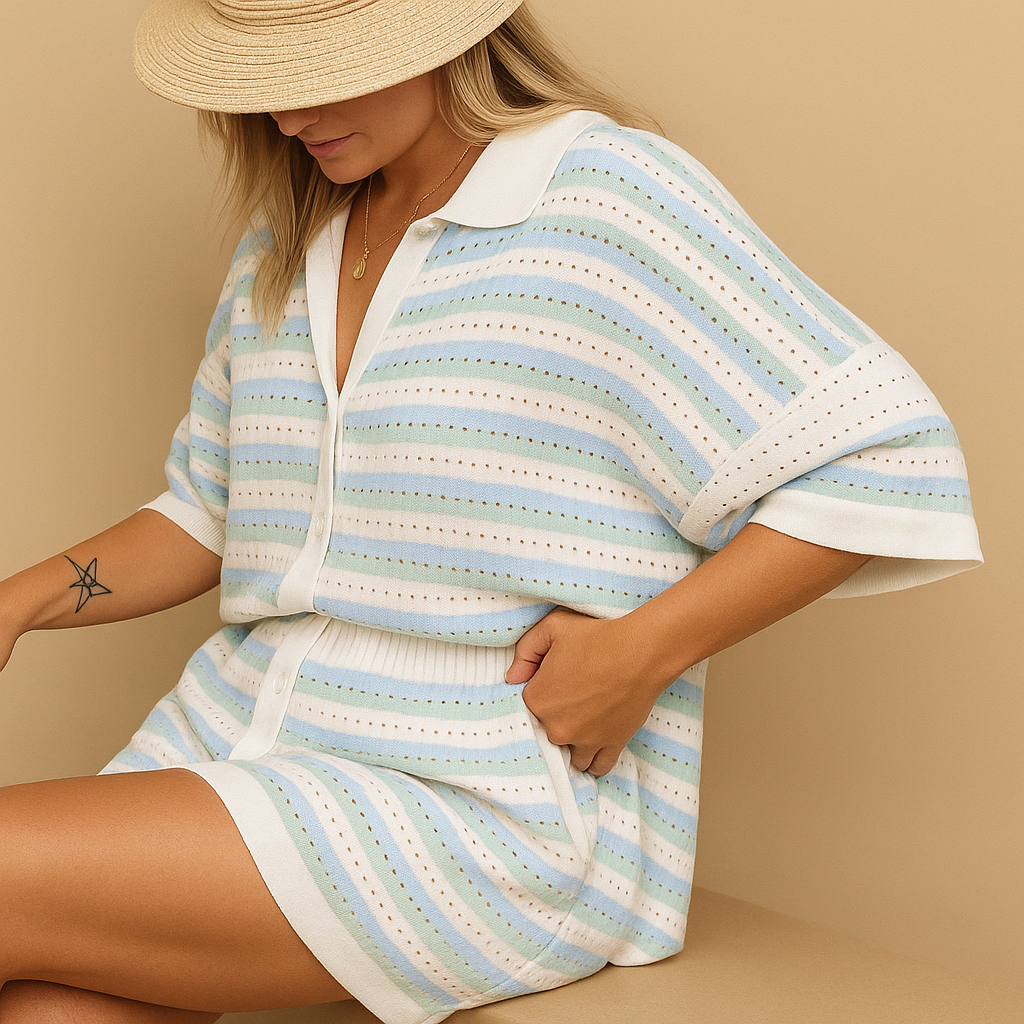 Women’s Striped Blouse & High-Waist Shorts Set – Lightweight & Versatile for Summer