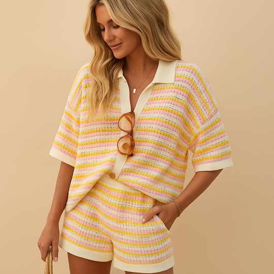 Women's Striped Two-Piece Set – Button-Up Blouse and High-Waist Shorts
