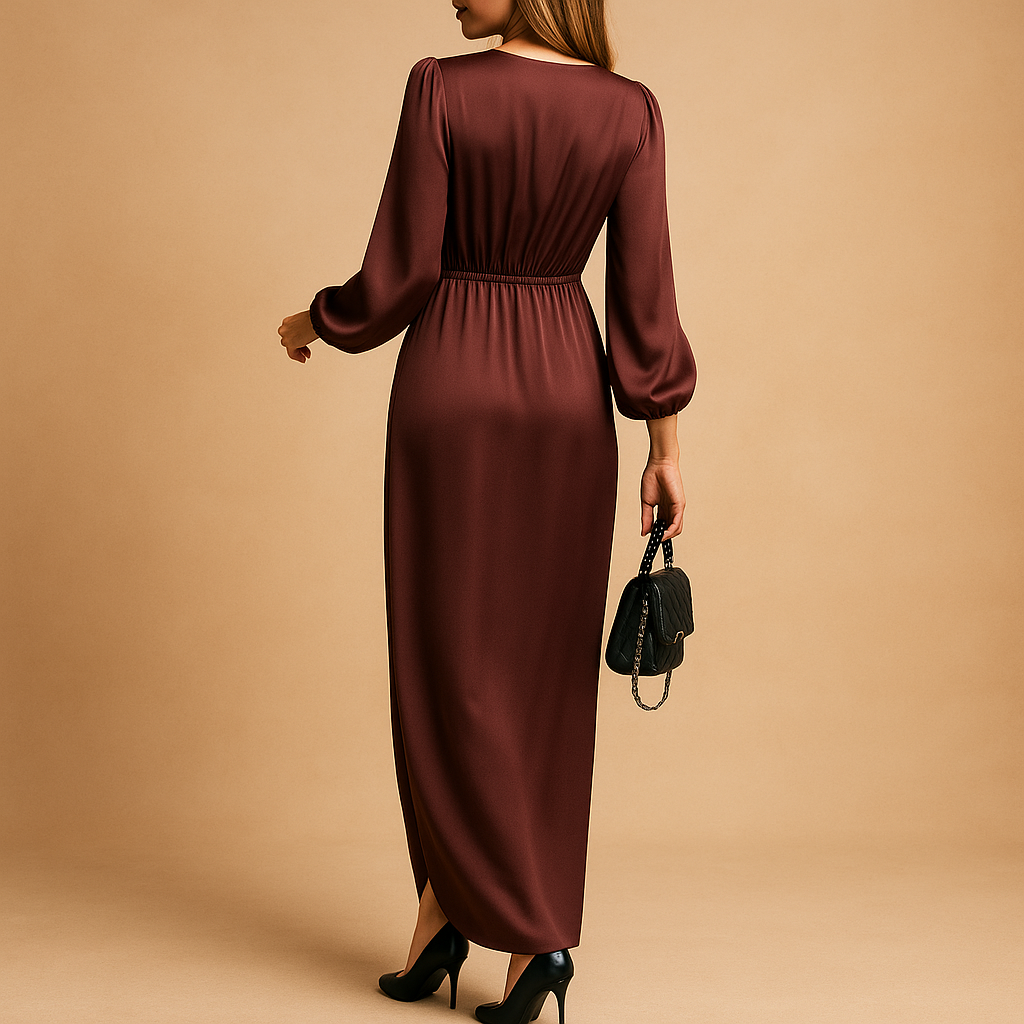 Women’s Elegant A-Line Midi Dress with Puff Sleeves – Refined Style for Special Occasions