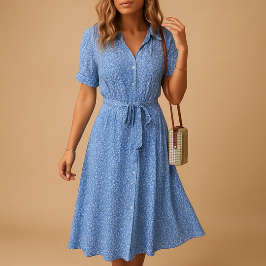 Women’s Floral Midi Dress with Short Sleeves – Lightweight & Comfortable for Summer Wear