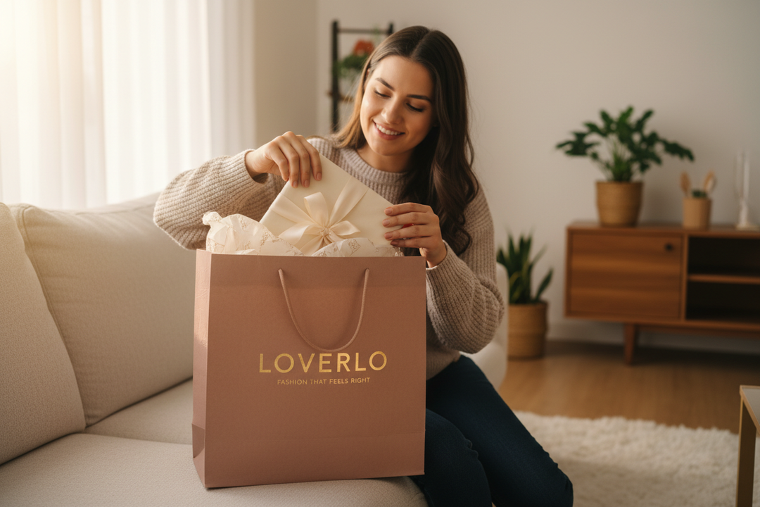 Generate an image of a woman taking a package out of a LOVERLO shopping bag, make it something that suits the heading of the alinea 'Fashion that feels right'