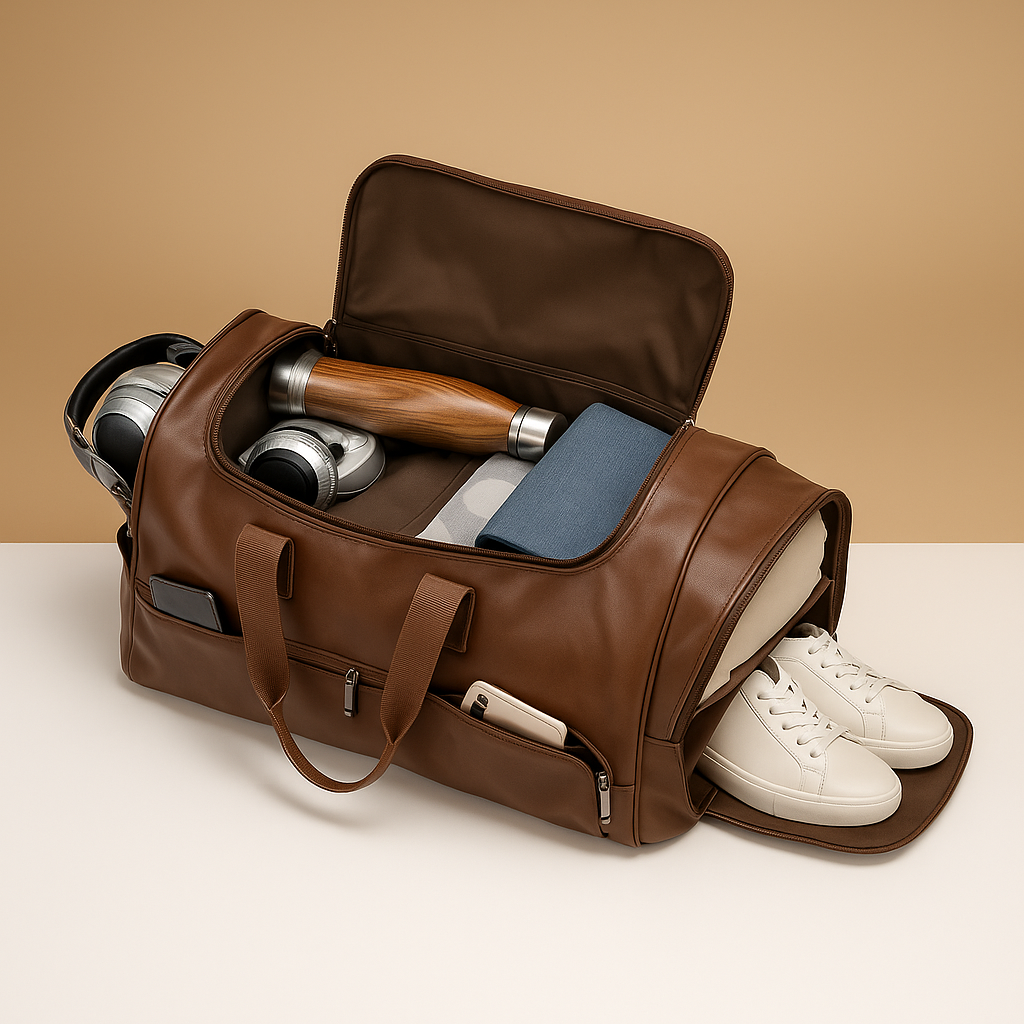 Leather Travel Duffle Bag with Shoe Compartment – Structured Carry-On