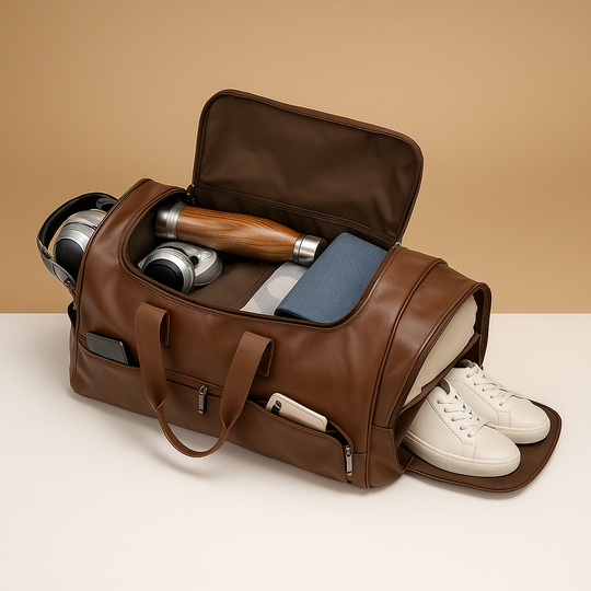 Leather Travel Duffle Bag with Shoe Compartment – Structured Carry-On