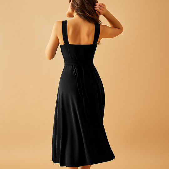 Women’s Midi Dress with Square Neckline & Waist Tie – Elegant & Comfortable for Everyday Wear