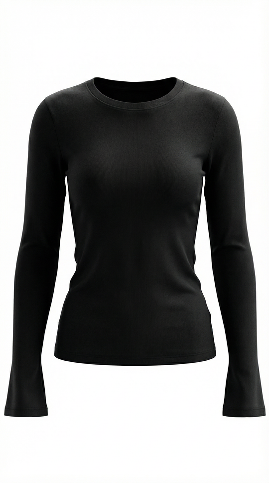 Women's Ribbed Long Sleeve Top – Crew Neck, Fitted Everyday Essential