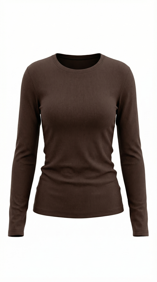 Women's Ribbed Long Sleeve Top – Crew Neck, Fitted Everyday Essential
