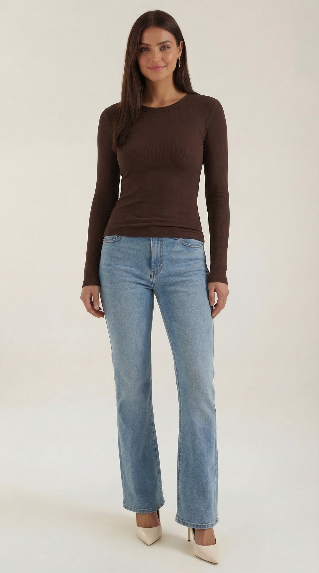 Women's Ribbed Long Sleeve Top – Crew Neck, Fitted Everyday Essential
