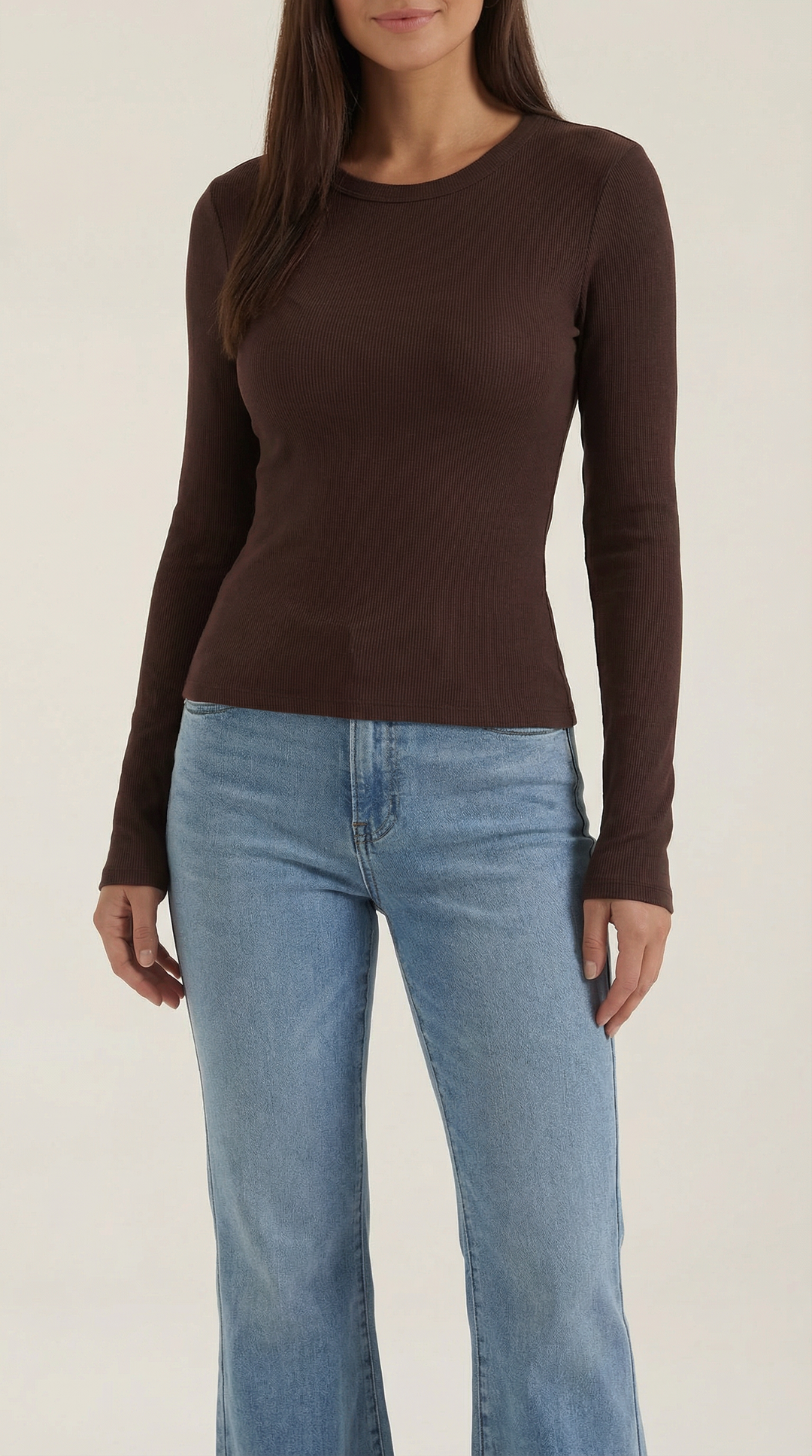 Women's Ribbed Long Sleeve Top – Crew Neck, Fitted Everyday Essential