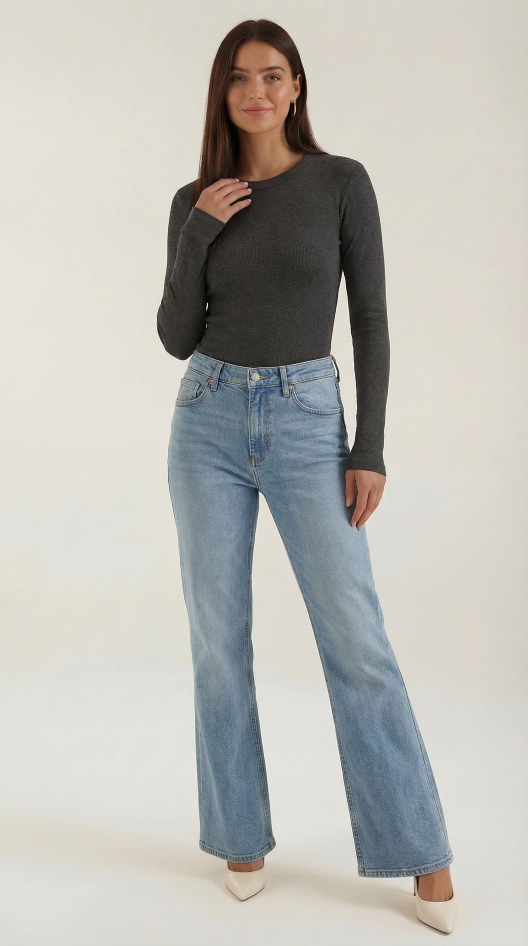 Women's Ribbed Long Sleeve Top – Crew Neck, Fitted Everyday Essential