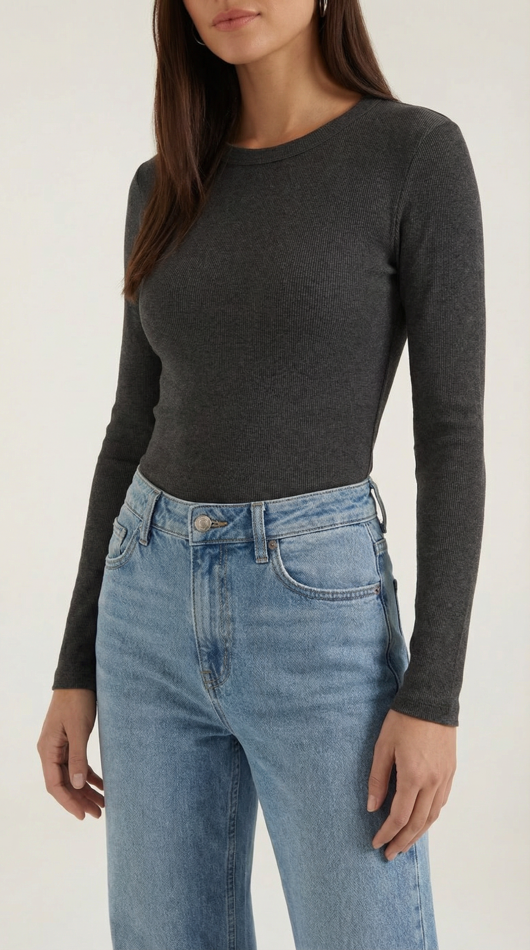Women's Ribbed Long Sleeve Top – Crew Neck, Fitted Everyday Essential