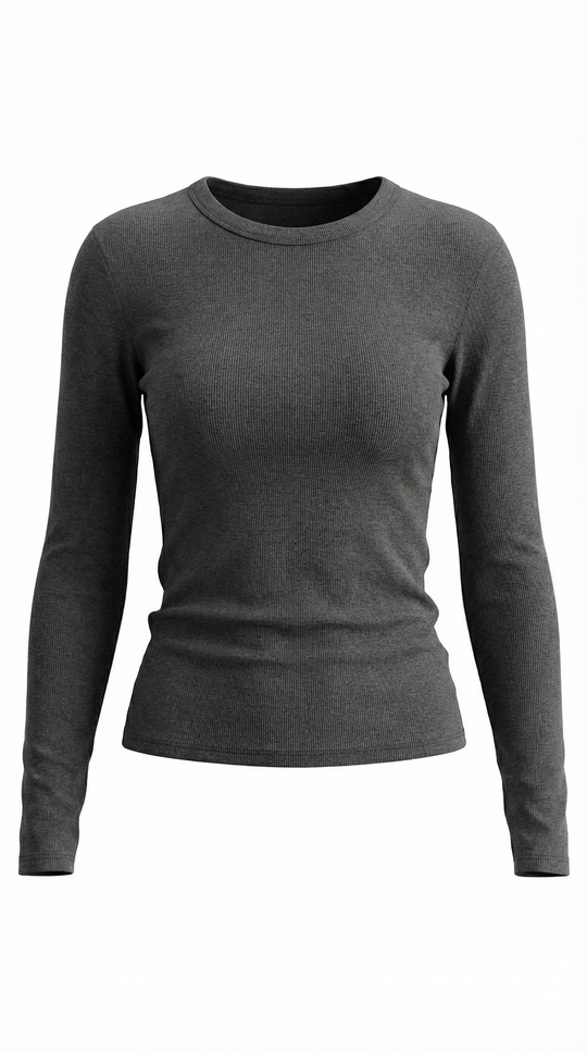 Women's Ribbed Long Sleeve Top – Crew Neck, Fitted Everyday Essential