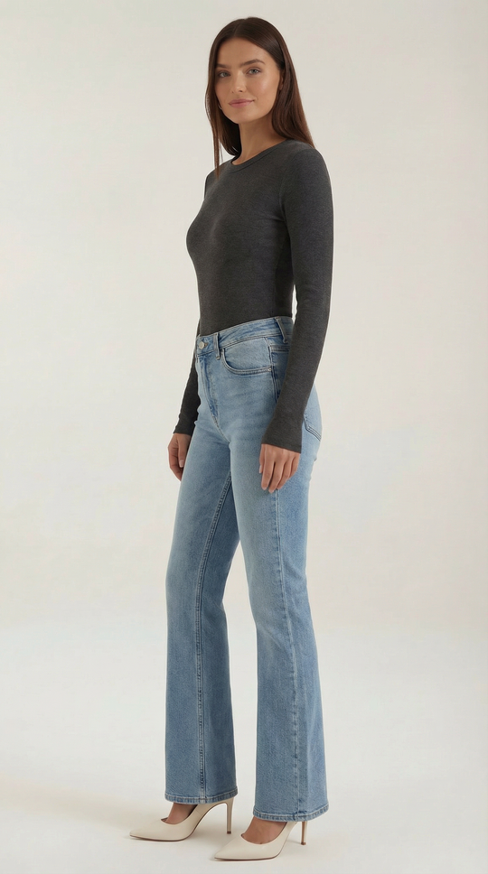 Women's Ribbed Long Sleeve Top – Crew Neck, Fitted Everyday Essential