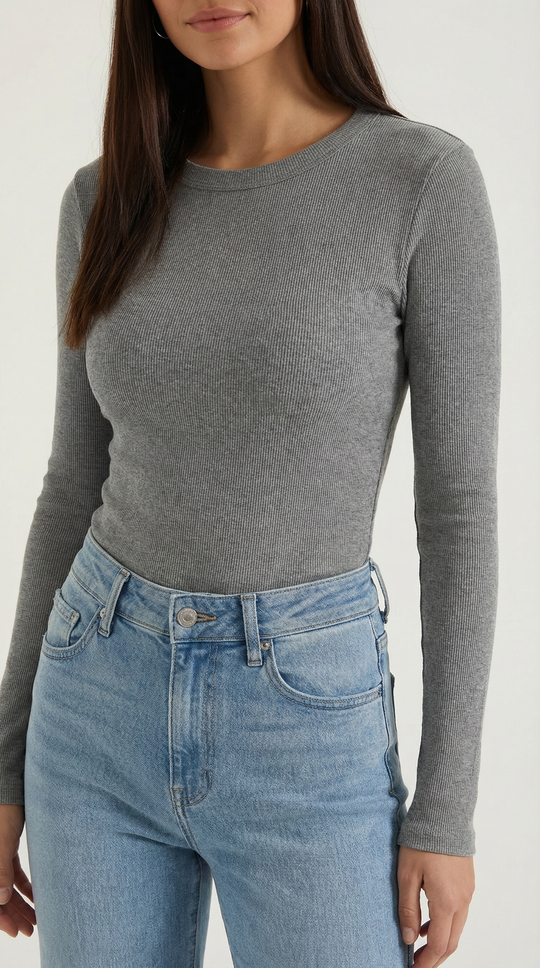 Women's Ribbed Long Sleeve Top – Crew Neck, Fitted Everyday Essential