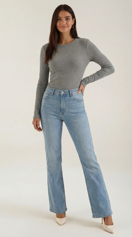Women's Ribbed Long Sleeve Top – Crew Neck, Fitted Everyday Essential