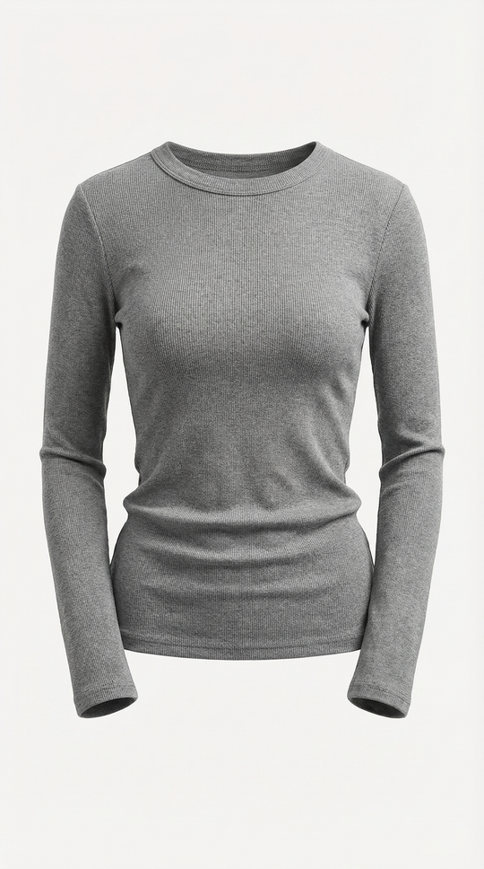 Women's Ribbed Long Sleeve Top – Crew Neck, Fitted Everyday Essential