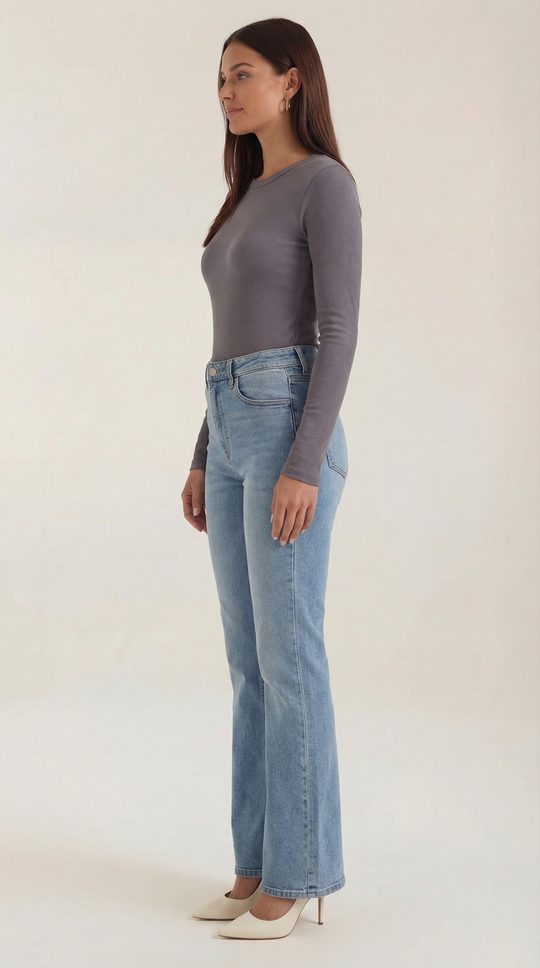 Women's Ribbed Long Sleeve Top – Crew Neck, Fitted Everyday Essential