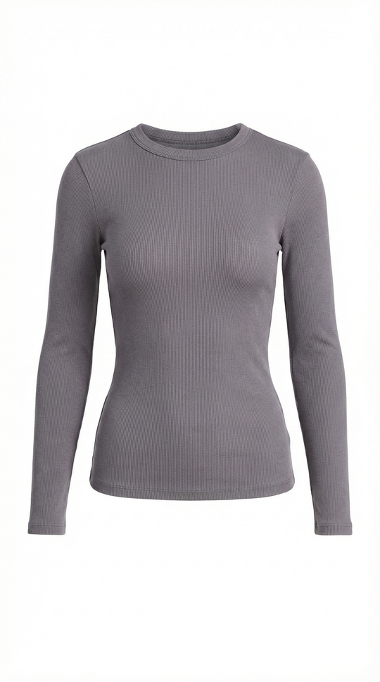 Women's Ribbed Long Sleeve Top – Crew Neck, Fitted Everyday Essential