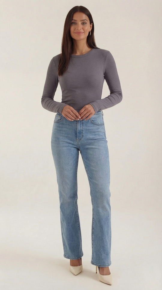 Women's Ribbed Long Sleeve Top – Crew Neck, Fitted Everyday Essential