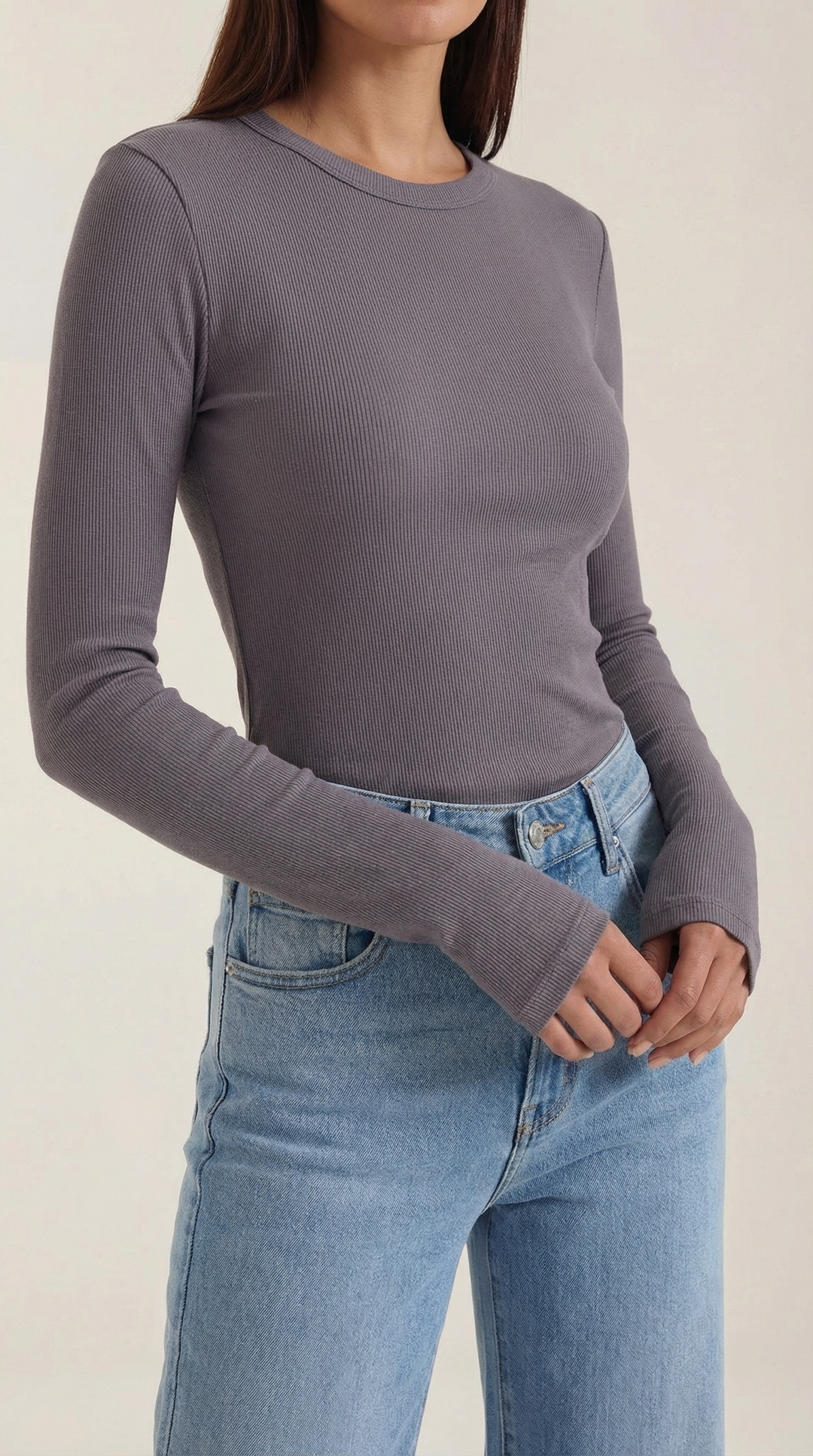 Women's Ribbed Long Sleeve Top – Crew Neck, Fitted Everyday Essential