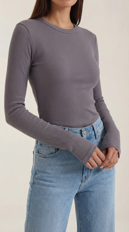 Women's Ribbed Long Sleeve Top – Crew Neck, Fitted Everyday Essential