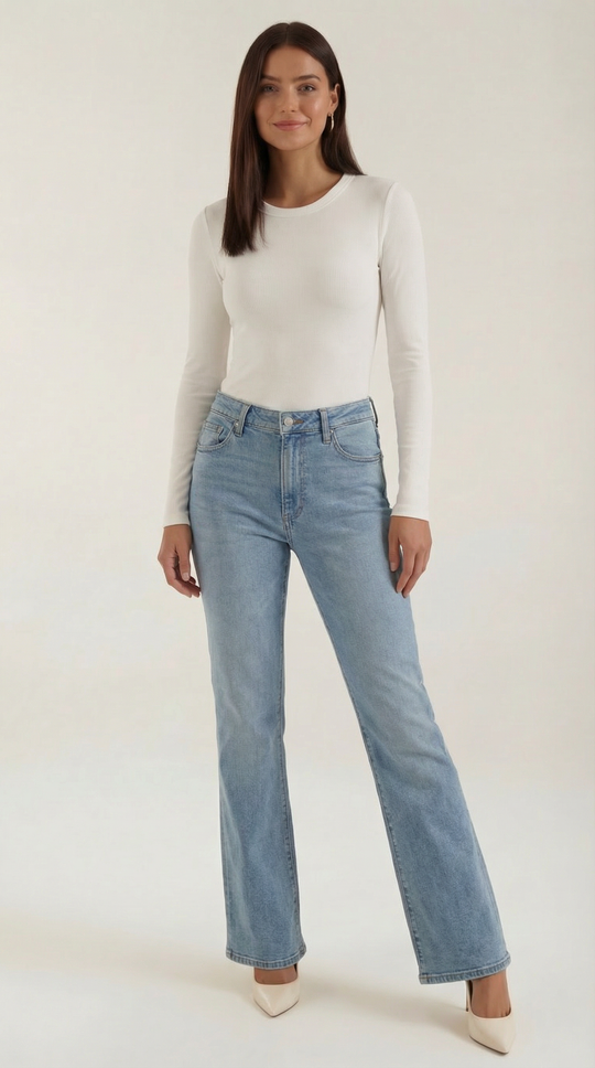 Women's Ribbed Long Sleeve Top – Crew Neck, Fitted Everyday Essential