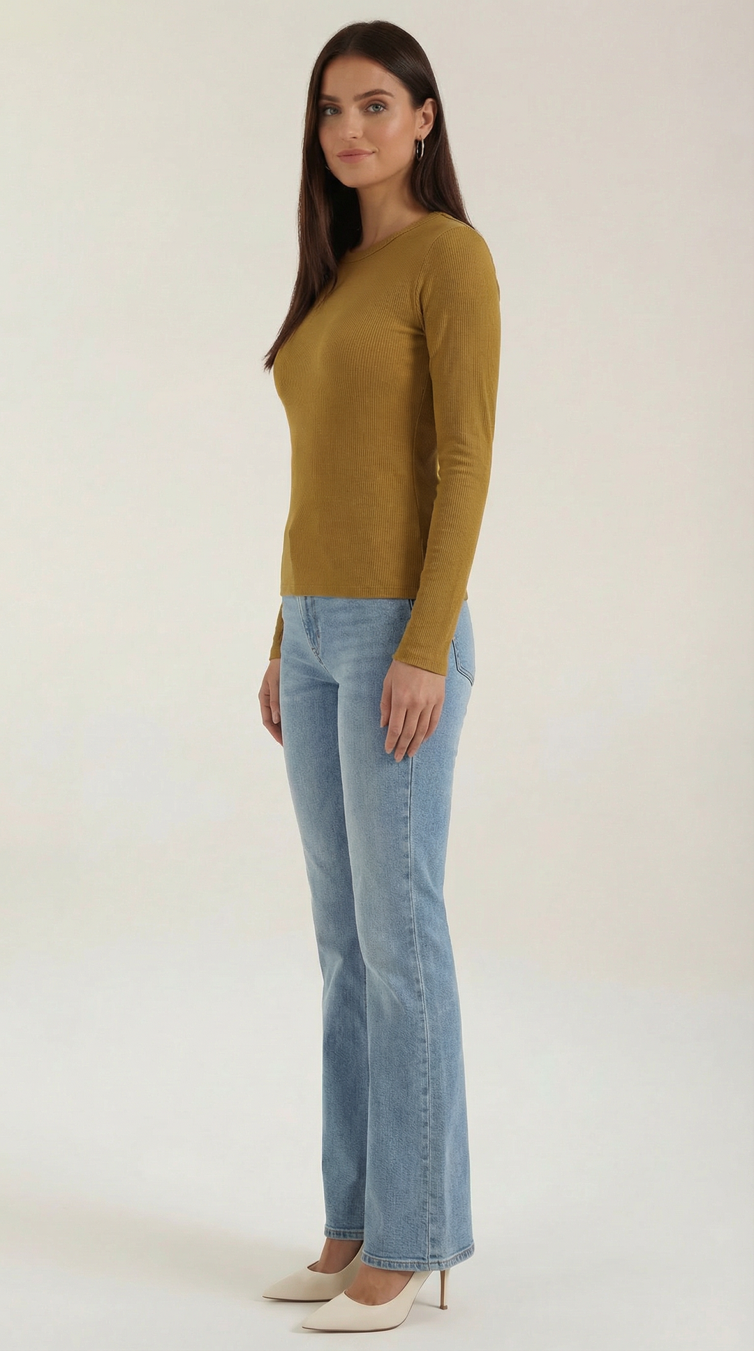 Women's Ribbed Long Sleeve Top – Crew Neck, Fitted Everyday Essential